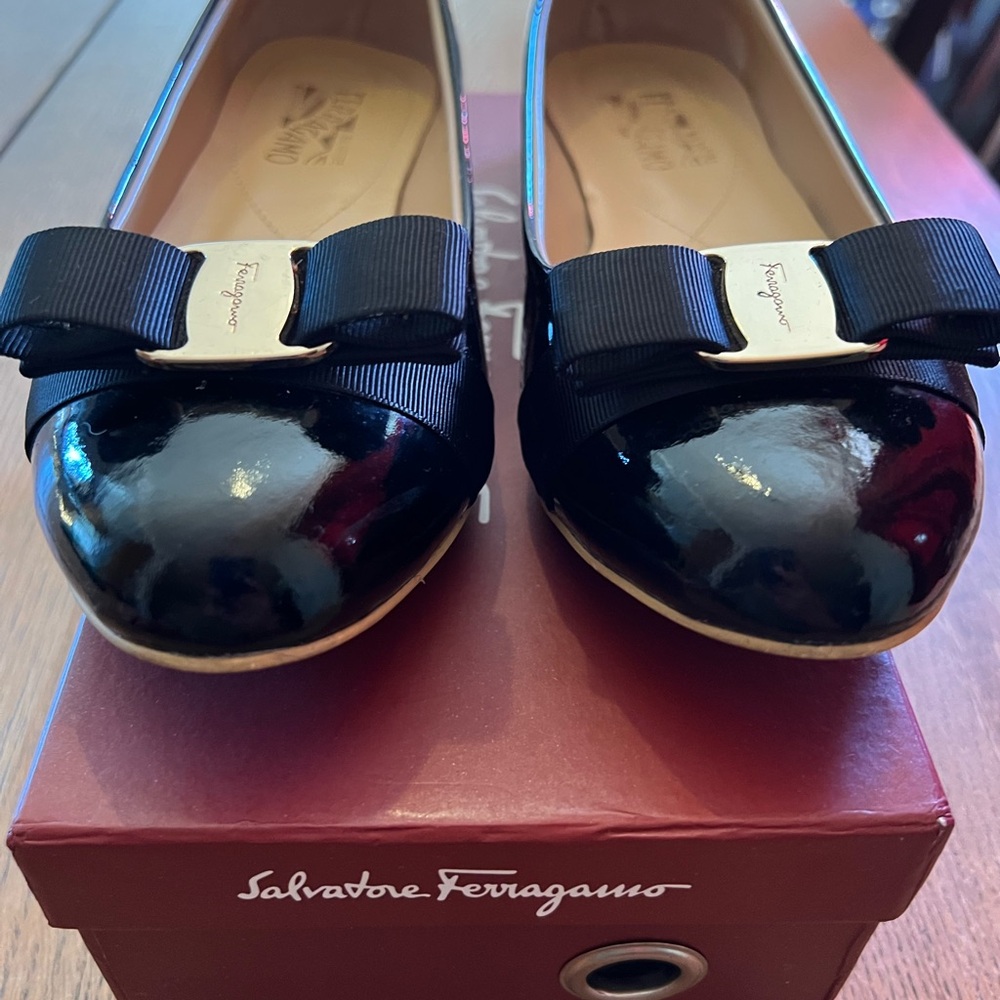 Salvatore Ferragamo Black Patent Leather Flats with Gold Accents
